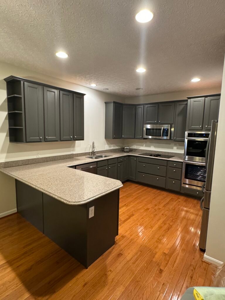 Modern kitchen with dark gray cabinets, stainless steel appliances, and wood flooring under bright recessed lighting.
