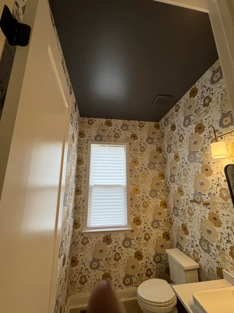 Small bathroom with floral wallpaper, dark ceiling, window with blinds, toilet, and wall-mounted light fixture. - My Personal Painter Small bathroom with floral wallpaper, dark ceiling, window with blinds, toilet, and wall-mounted light fixture.