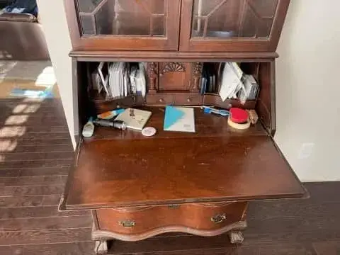 Before: antique secretary desk with hutch: cherry painted white