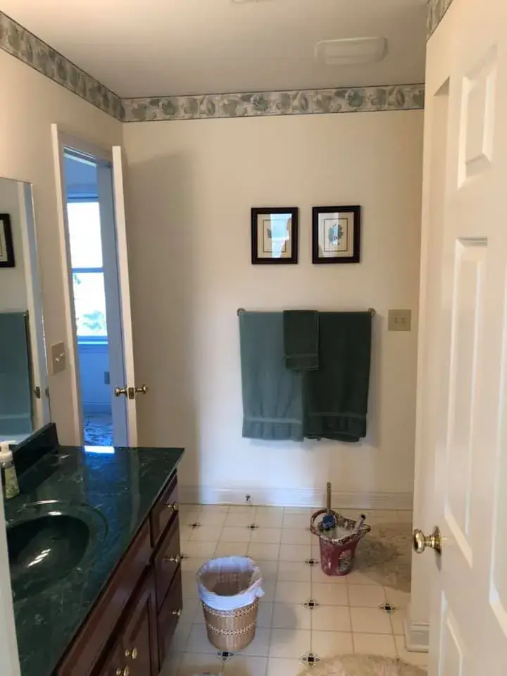 Before: bathroom and bedroom painted light green