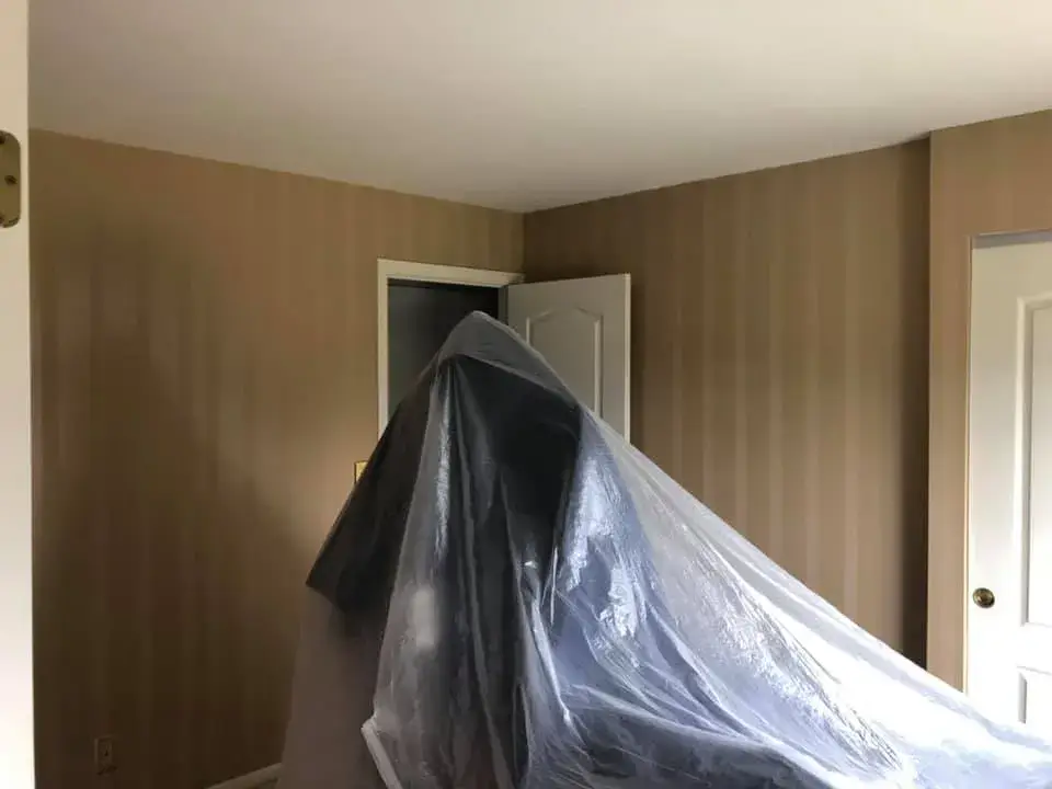 A piece of furniture in a room covered by a large clear plastic sheet. - My Personal Painter - My Personal Painter Before: bedrooms with wallpaper borders painted gray