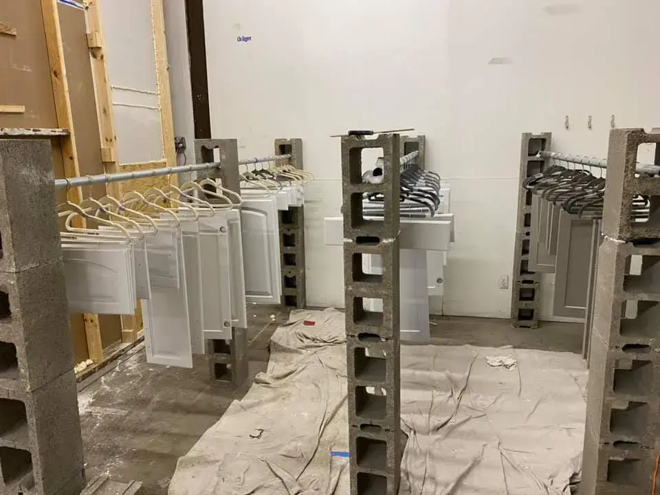 In progress: cabinet doors sprayed in shop spray booth