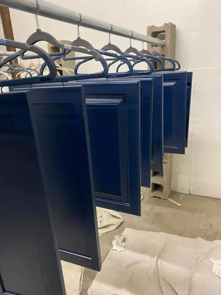 In progress: cabinet doors sprayed in shop spray booth