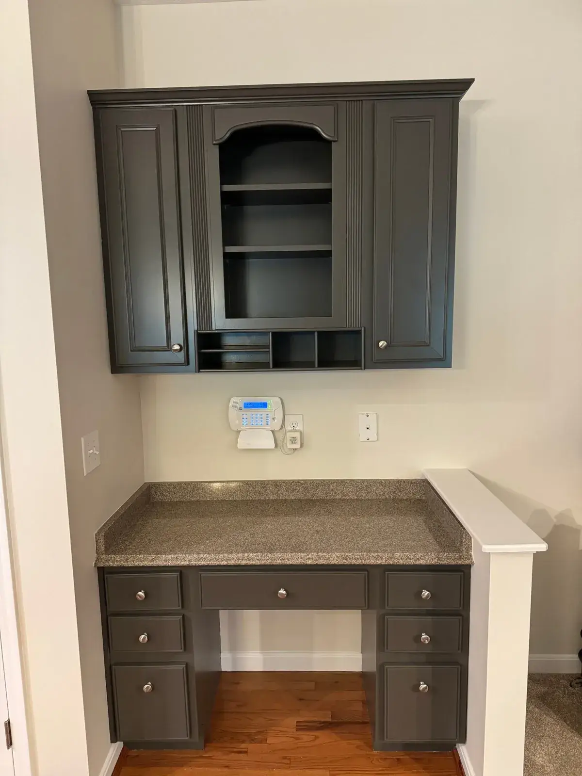 After: kitchen, bar desk and hutch painted dark gray