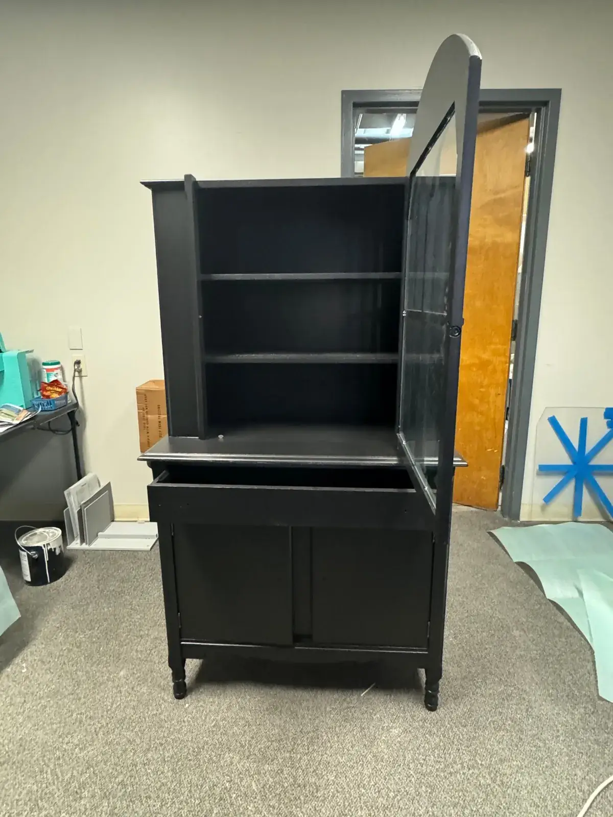 After: kitchen, bar desk and hutch painted dark gray
