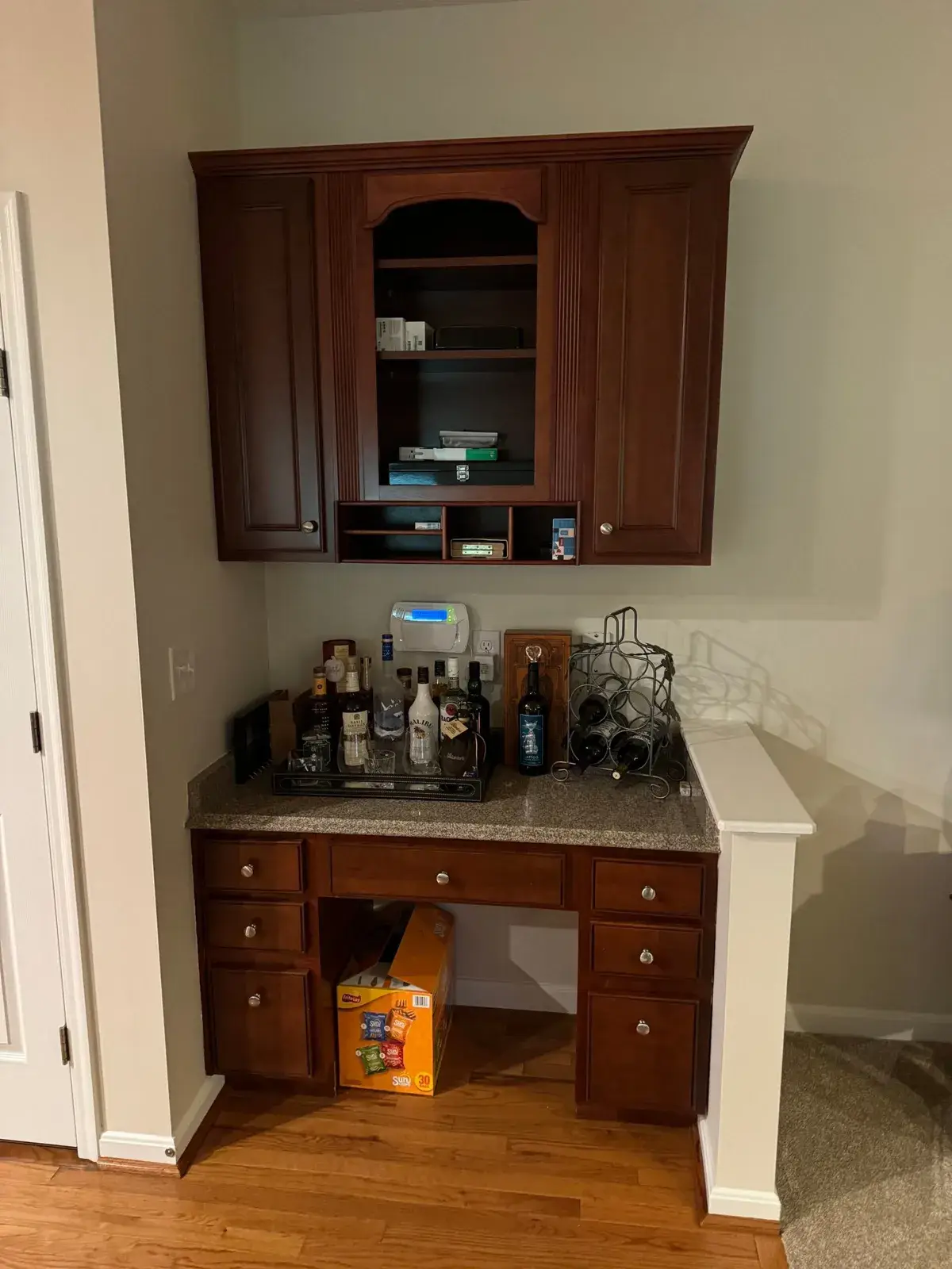 Before: kitchen, bar desk and hutch painted dark gray