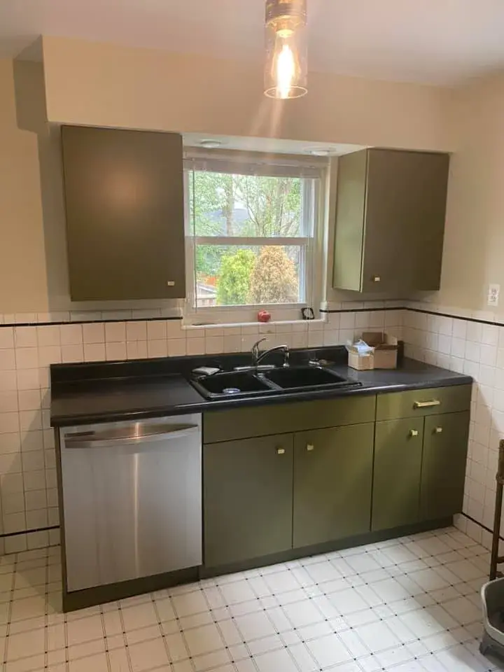 After: kitchen cabinets: white to olive green
