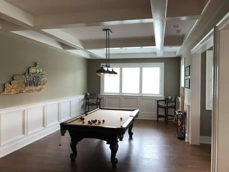 After: large home interior: built-ins, coffered ceilings, wainscoting, bedrooms and halls