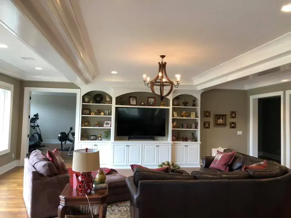 After: large home interior: built-ins, coffered ceilings, wainscoting, bedrooms and halls