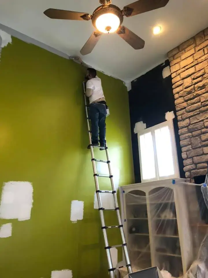 Before: lime green kitchen walls, accent walls, hallway and French doors