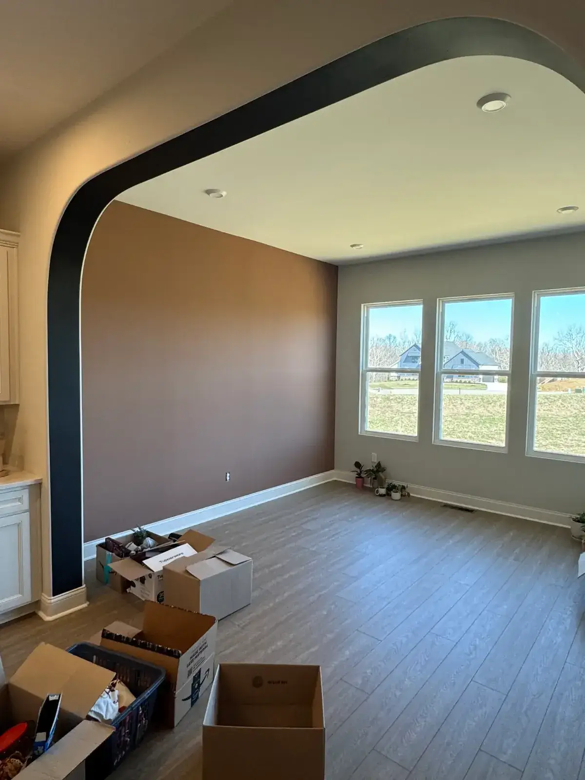 An empty room with a large black arched entryway, a brown accent wall, and cardboard boxes on the floor. - My Personal Painter - My Personal Painter After: new-build house: black archway, accent walls and doors