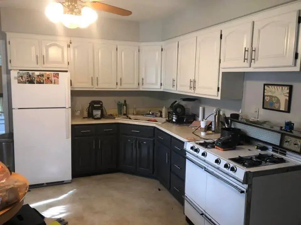 After: oak kitchen: white uppers, dark gray lowers