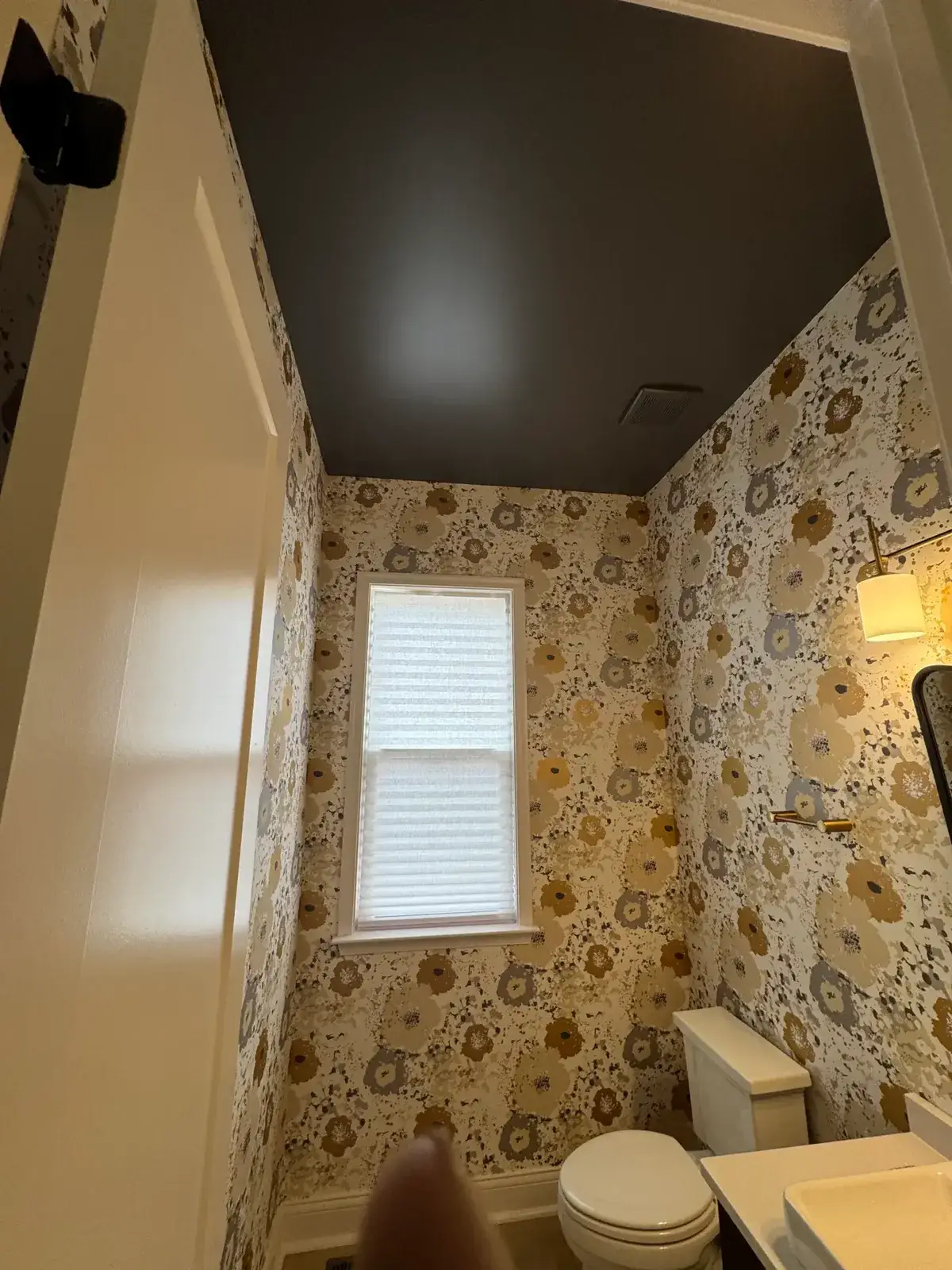 Small bathroom with floral wallpaper, a dark gray ceiling, a window with a shade, a toilet, and a vanity. - My Personal Painter - My Personal Painter After: powder room ceiling painted dark brown, bathroom wainscoting and green walls