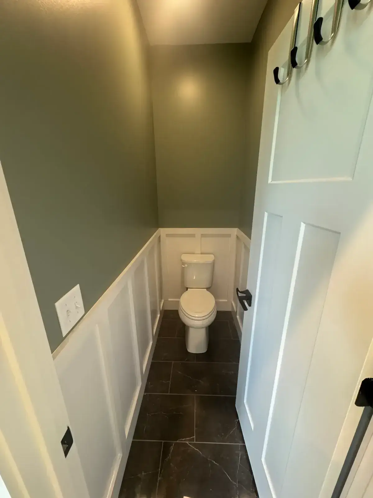 After: powder room ceiling painted dark brown, bathroom wainscoting and green walls