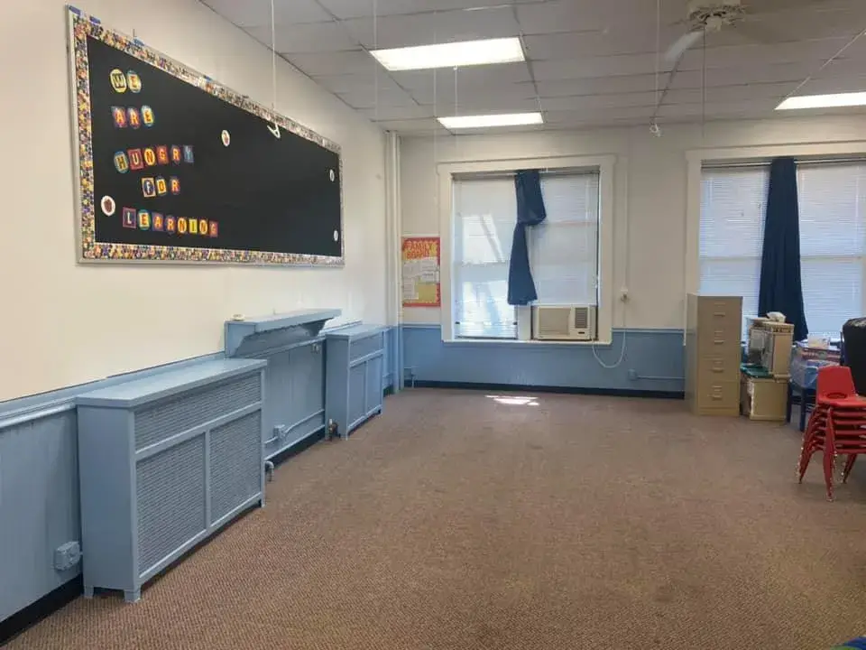 After: school: classrooms with blue wainscot and an office