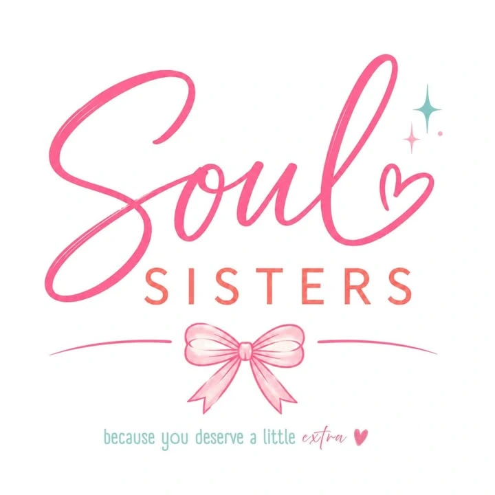 Logo reading Soul Sisters in pink script and block letters, with a ribbon icon and because you deserve a little extra. - My Personal Painter - My Personal Painter Soul Sisters Designs logo