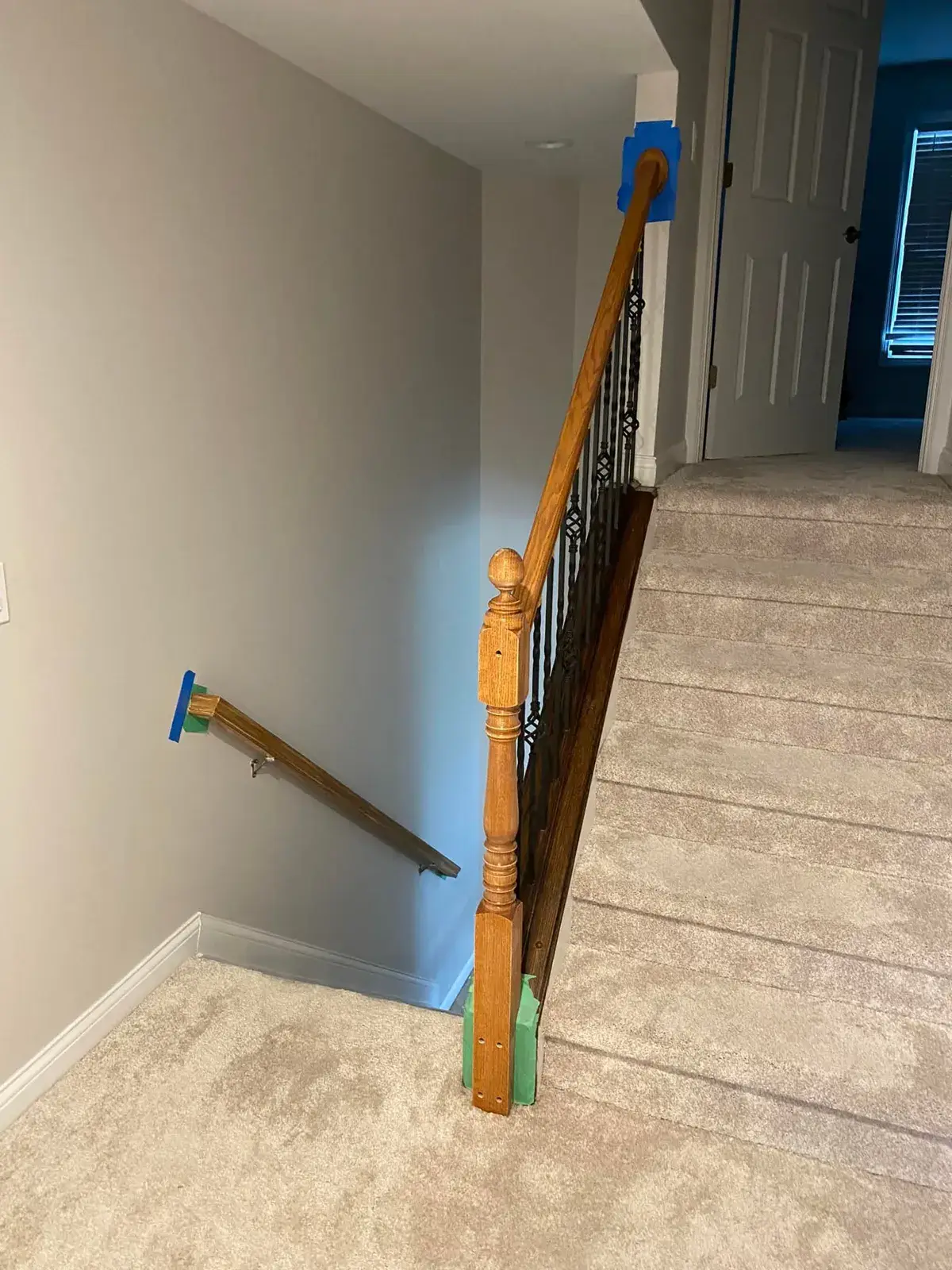 In progress: staircase: oak handrail and newels refinished dark