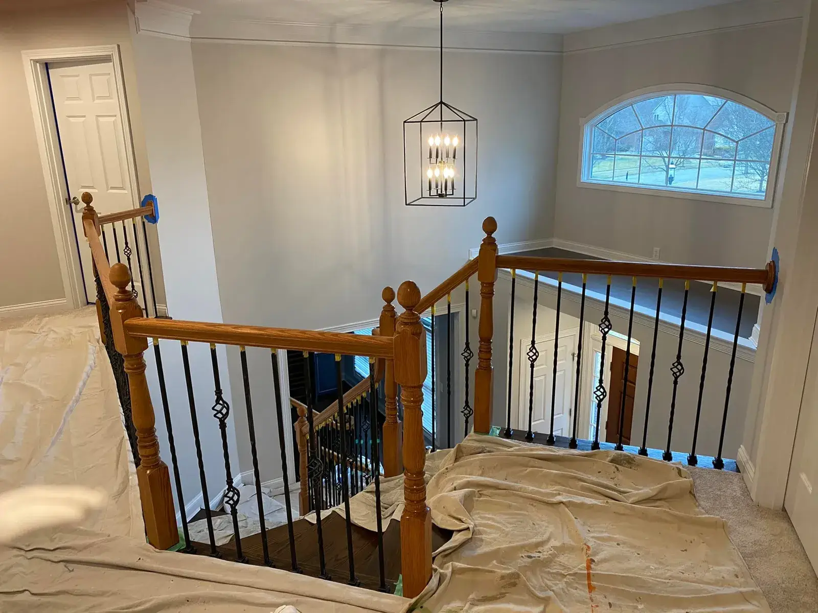 In progress: staircase: oak handrail and newels refinished dark